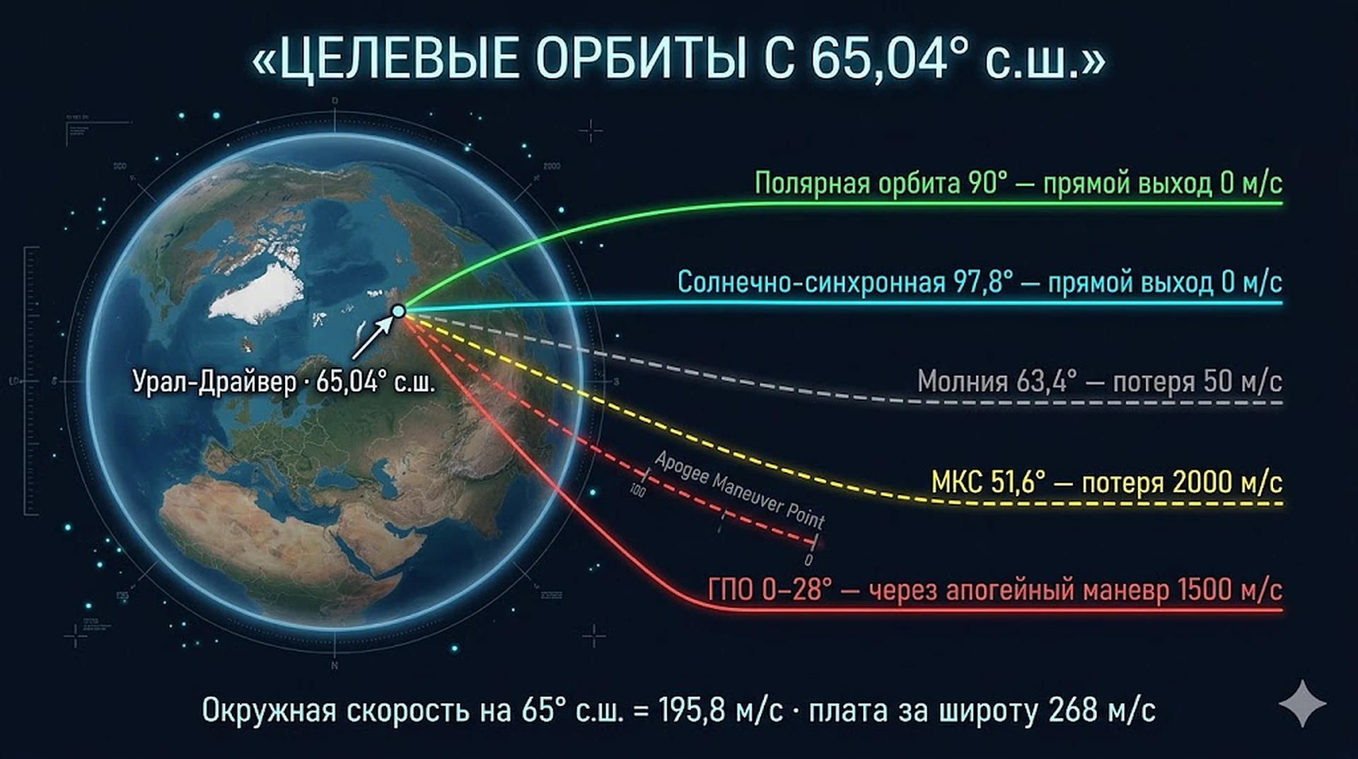 Целевые орбиты с 65,04°N: глобус с точкой Урал-Драйвер, веер 5 орбит — полярная (прямой), солнечно-синхронная (прямой), Молния, МКС, ГПО с указанием штрафа за смену плоскости