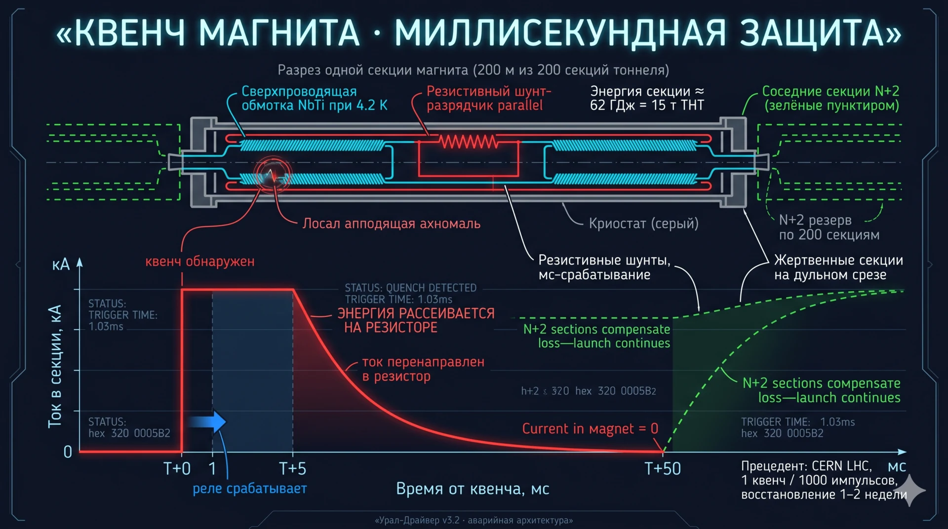 Циклограмма квенча: разрез секции (NbTi 4,2 К + резистивный шунт + N+2 резерв), график тока T+0…T+50 мс, прецедент CERN LHC